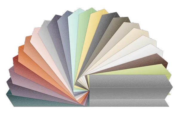 Vzorkovník látky Plisé Pearl s rôznymi farebnými odtieňmi a 30‑percentnou priepustnosťou svetla.