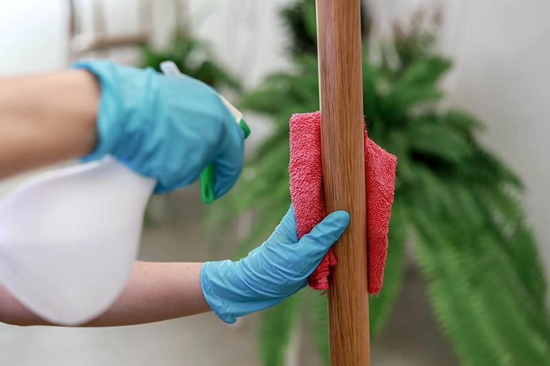Čistenie drevenej garníže pomocou handričky a spreja pri domácej údržbe