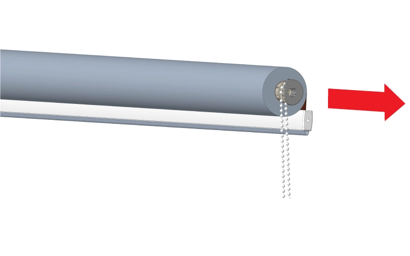 ukážka smeru vysunutia mechanizmov ovladania z hriadeľa rolety na strane s retiazkou 