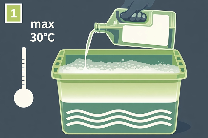 Príprava vody na šetrné čistenie plisé roliet s odporúčanou teplotou 30 °C a jemným čistiacim prostriedkom