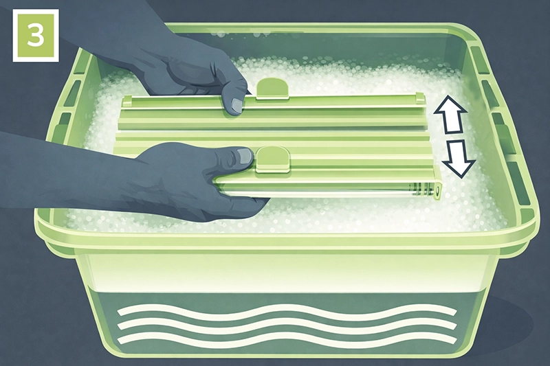 Ruky jemne preplachujú plisé roletu vo vode ako súčasť šetrného čistenia bez kefy a silného trenia.