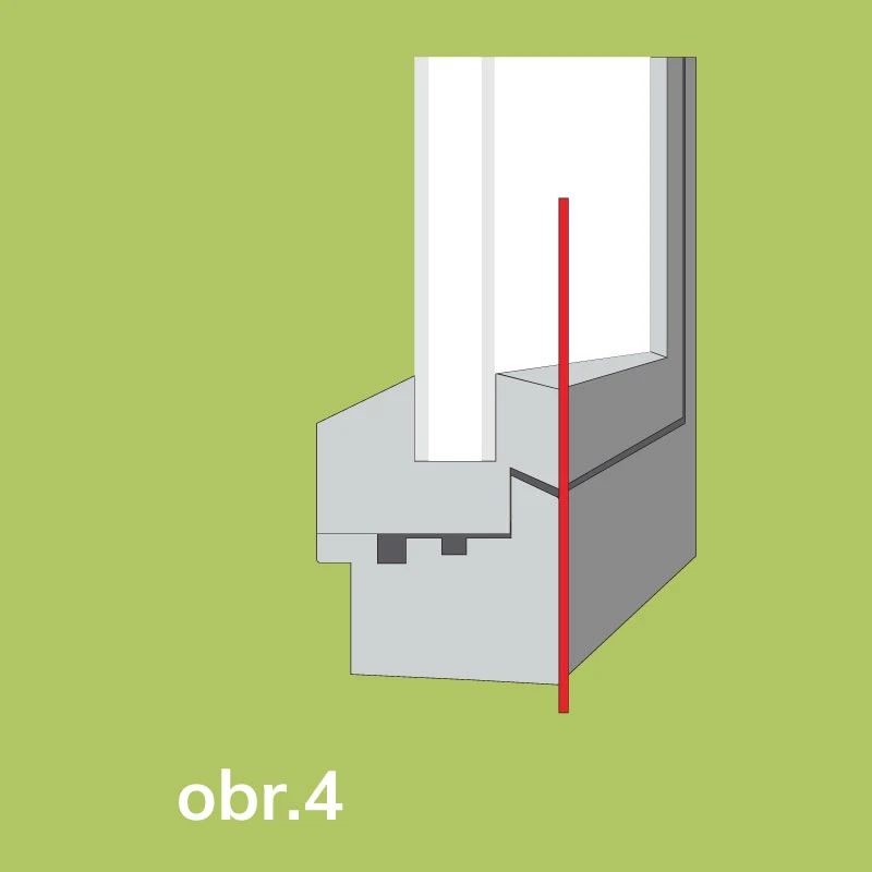 Technická ilustrácia okenného profilu s vertikálnym zvýraznením miesta, kde konštrukcia neumožňuje osadenie siete proti hmyzu